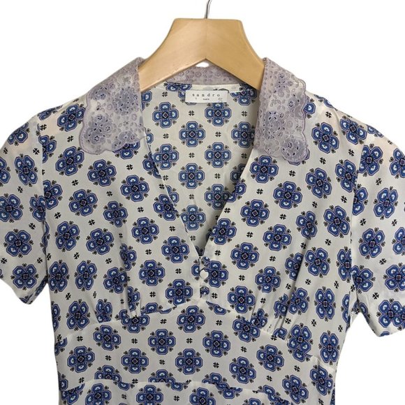 NWOT Sandro Enya Small Blue Geometric Print size 36 Small Silk Mini Dress - Picture 7 of 8